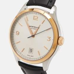 Pre Owned Montblanc Silver 18k Rose Gold Stainless Steel Alligator Heritage 112521 Men's Wristwatch 38 mm