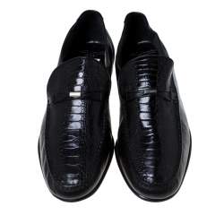 Moreschi Black Leather And Ostrich Trim Slip On Loafers Size 41
