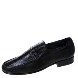 Moreschi Black Leather And Ostrich Trim Slip On Loafers Size 41
