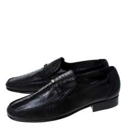 Moreschi Black Leather And Ostrich Trim Slip On Loafers Size 41