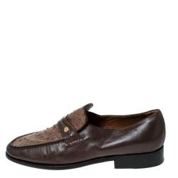 Moreschi Brown Leather And Ostrich Trim Slip On Loafers Size 41