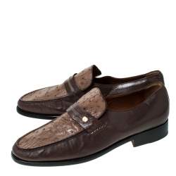 Moreschi Brown Leather And Ostrich Trim Slip On Loafers Size 41