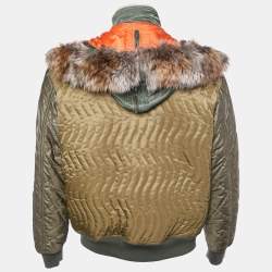 Pre Owned Moschino Couture Green & Orange Quilted Faux Fur Detail Hooded Jacket M