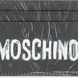 Pre Owned Moschino Grey Leather Logo Print Card Holder