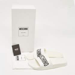 Pre Owned Moschino White Leather Logo Flat Sandals Size 42