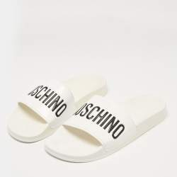 Pre Owned Moschino White Leather Logo Flat Sandals Size 42