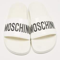 Pre Owned Moschino White Leather Logo Flat Sandals Size 42