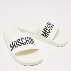 Pre Owned Moschino White Leather Logo Flat Sandals Size 42