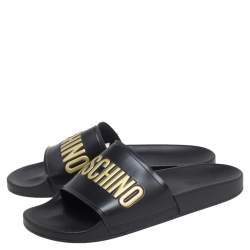  Moschino Black Rubber Logo Slide Sandals Size 45