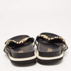 Moschino Black Leather Cross Strap Logo Detail Slides Size 44