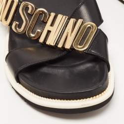 Moschino Black Leather Cross Strap Logo Detail Slides Size 44