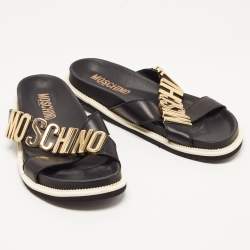Moschino Black Leather Cross Strap Logo Detail Slides Size 44
