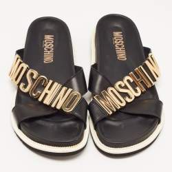 Moschino Black Leather Cross Strap Logo Detail Slides Size 44
