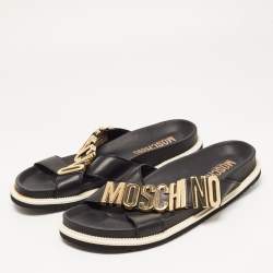 Moschino Black Leather Cross Strap Logo Detail Slides Size 44