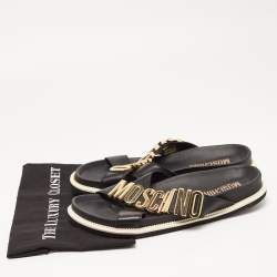 Moschino Black Leather Cross Strap Logo Detail Slides Size 44