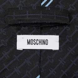 Moschino Vintage Black Diagonal Stripe Logo Patterned Silk Traditional Tie