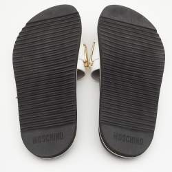 Moschino White/Black Leather Logo Plaque Flat Slide Sandals Size 41
