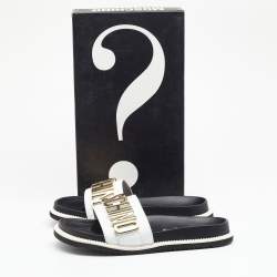 Moschino White/Black Leather Logo Plaque Flat Slide Sandals Size 41