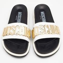 Moschino White/Black Leather Logo Plaque Flat Slide Sandals Size 41