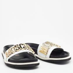 Moschino White/Black Leather Logo Plaque Flat Slide Sandals Size 41