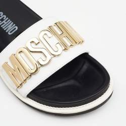 Moschino White/Black Leather Logo Plaque Flat Slide Sandals Size 41
