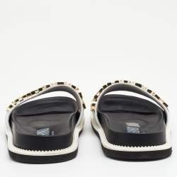 Moschino White/Black Leather Logo Plaque Flat Slide Sandals Size 41