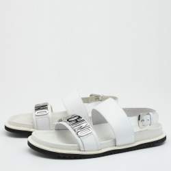 Moschino White Leather Logo Plaque Flat Sandals Size 42