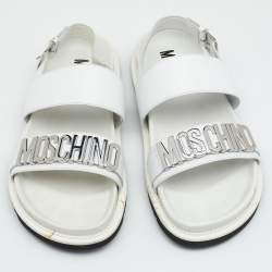 Moschino White Leather Logo Plaque Flat Sandals Size 42