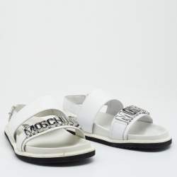 Moschino White Leather Logo Plaque Flat Sandals Size 42