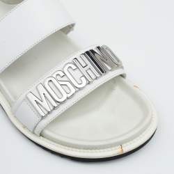 Moschino White Leather Logo Plaque Flat Sandals Size 42