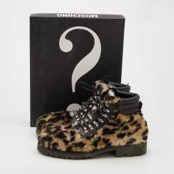 Moschino Tricolor Leopard Print Fur Ankle Length Boots Size 43