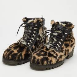 Moschino Tricolor Leopard Print Fur Ankle Length Boots Size 43