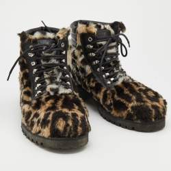 Moschino Tricolor Leopard Print Fur Ankle Length Boots Size 43