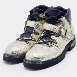 Moschino Metallic Gold Python Embossed Leather Ankle Length Boots Size 43