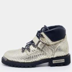 Moschino Metallic Gold Python Embossed Leather Ankle Length Boots Size 43