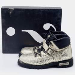 Moschino Metallic Gold Python Embossed Leather Ankle Length Boots Size 43