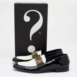 Pre Owned Moschino Black/White Patent Leather Logo Embellished Slip On Loafers Size 45