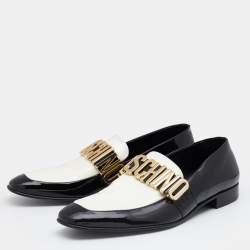 Pre Owned Moschino Black/White Patent Leather Logo Embellished Slip On Loafers Size 45
