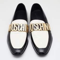 Pre Owned Moschino Black/White Patent Leather Logo Embellished Slip On Loafers Size 45
