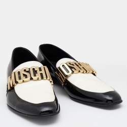 Pre Owned Moschino Black/White Patent Leather Logo Embellished Slip On Loafers Size 45