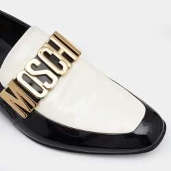 Pre Owned Moschino Black/White Patent Leather Logo Embellished Slip On Loafers Size 45