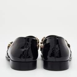 Pre Owned Moschino Black/White Patent Leather Logo Embellished Slip On Loafers Size 45