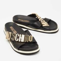 Moschino Black Leather Logo Crossover Slides Size 41