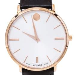 Pre Owned Movado White Rose Gold Tone Stainless Steel Leather Ultra Slim 0607089 Men's Wristwatch 40 mm