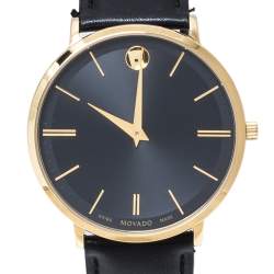Pre Owned Movado Black Gold Tone Stainless Steel Leather Ultra Slim 0607087 Men's Wristwatch 40 mm