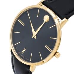 Pre Owned Movado Black Gold Tone Stainless Steel Leather Ultra Slim 0607087 Men's Wristwatch 40 mm