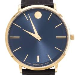 Pre Owned Movado Blue Gold Tone Stainless Steel Leather Ultra Slim 0607088 Men's Wristwatch 40 mm