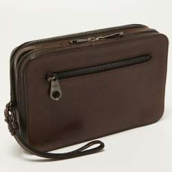 Pre Owned Mulberry Dark Brown Leather Double Zip Wristlet Pouch