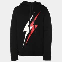 Neil Barrett Black Viscose Lightning Bolt Print Hoodie L