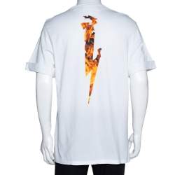 Pre Owned Neil Barrett White Flame Thunderbolt Print Cotton Rolled Up T-Shirt M